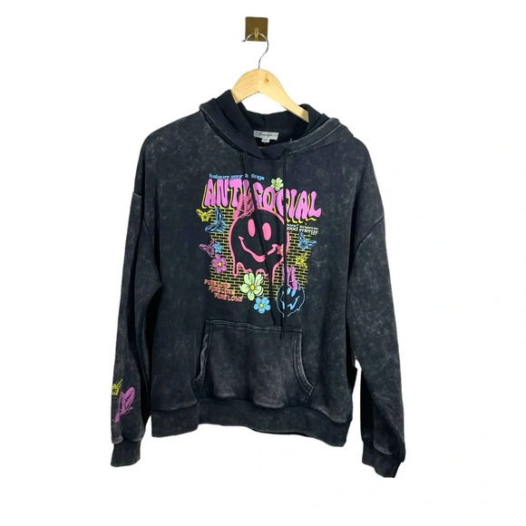 NWT Faded Rose Oversized Graphic Smiley Colorful Hoodie in Charcoal/Multi Size S - Picture 1 of 12